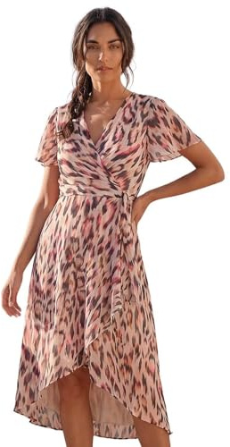 Roman Frill Dress for Women UK Ladies Summer Wrap Chiffon Frill Hem Layered Belted Midi Maxi Tiered Cape Special Occasion Fit & Flare Wedding Guest Swing Skater - Leopard Brown - Size 14