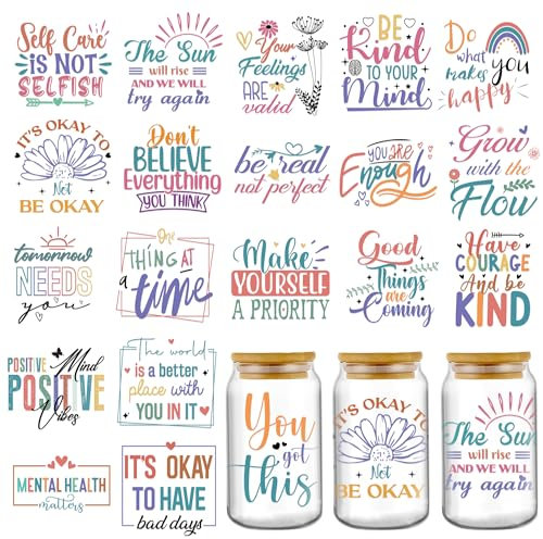 INCOK Rub on Transfers for Crafts - 20 Sheets Mental Health Colorful UV DTF Cup Wrap for 16 oz Glass Positive Daily Affirmations Uplifting Quotes Bottle Sticker, Stress Relief Gift