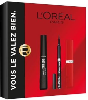 L'Oréal Paris – Geschenkbox – Mascara Telescopic Lift Schwarz, Eyeliner Felt Tip, Lippenstift Infaillible Matte Resistance Rot – tatsächliche Größen