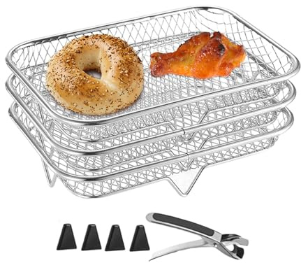 Wire Book Fryer - Stainless Steel Cooking Trays with Tong Clips, 3 Tier Stacking Racks | Air Fryer Basket, Oven Accessory Heavy Duty