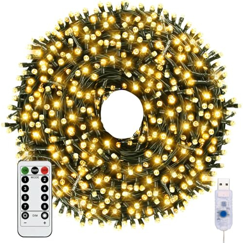 Woobroo Fairy Lights & USB String Lights, 20m 200 LEDs Copper Wire Light & Waterproof Outdoor Christmas Lights for Indoor Outdoor Lighting, Bedroom, Wedding Decor, Party, Christmas, Tree - Warm