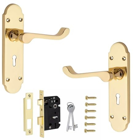 Golden Grace Victorian Scroll Lock Handle Set, Polished, Key Lock Set | Includes spindle and fixing screws for quick installation, with 168mm x 40mm backplates in a classic brass finish.