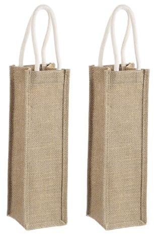 sourcing map 2 Pcs Wine Tote Bag, Reusable Burlap Wine Gift Bags with Cotton Handles for Wedding Gifts Beach Holiday Party Home Storage