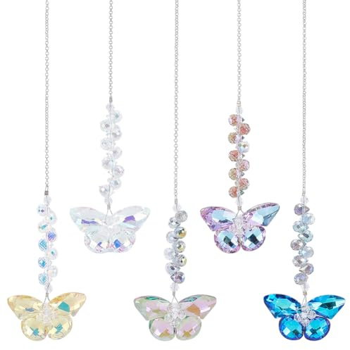 arricraft 5pcs Crystal Butterfly Suncatchers Hanging Ornaments, Rainbow Maker Sun Catchers for Window Indoor Outdoor Patio Garden Decor Gifts (11 inch Long)