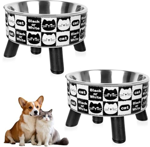 2PCS Raised Cat Bowl Set - Stainless Steel Food Water Dishes With Non Slip Stand, Raised Cat Food & Water Bowls with Stand, Wide Raised Stainless Steel Pet Dishes