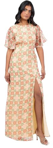 Anaya with Love Women's Maxi Dress Ladies Recycled Floral Print Flutter Sleeve Round Neck Split Open Back A-line Wedding Guest Evening, Multi, 14