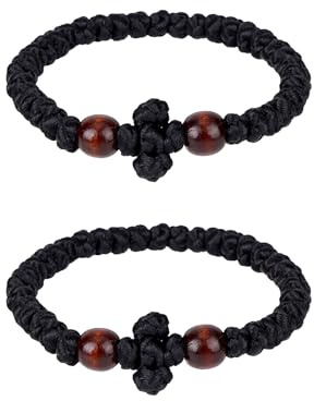 Mikovivi 2 Pcs Orthodox Prayer Rope Bracelets, Handmade Adjustable Greek Christian Prayer Beads Braided Bracelet with Cross Knot for Men Orthodox Christians Gift