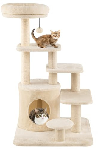 COSTWAY Kratzbaum Holz, 102 cm, Katzenbaum Höhle, gepolsterter Sitzstange, Sisal-Kratzpfosten & Plattformen, 7-stöckiges Kletterbaum, Katzenkratzbaum Katzen, Beige