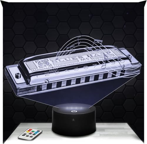 Lampephoto.fr - Lampe Mundharmonika 3D Touch Nachtlicht Musikinstrument | Made in France, Sockel & Größe wählbar, dimmbar, Batterie/USB, HD-Lasergravur, Geschenk für Sie & Ihn