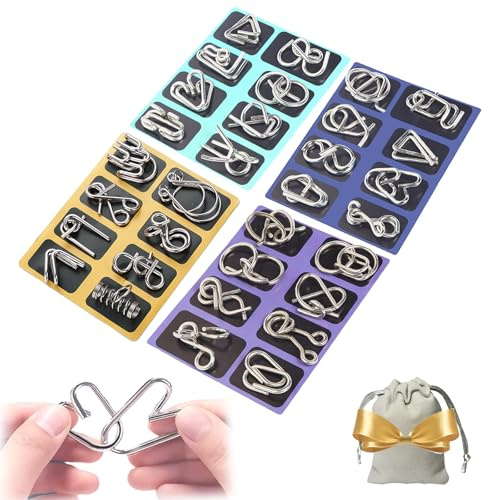 Metal Wire Puzzles, Metal Brain Teaser Puzzles, Metals Puzzle Set, Ideal Intelligence Toys Gifts for Kids and Adults Instructions Included (ABCD)
