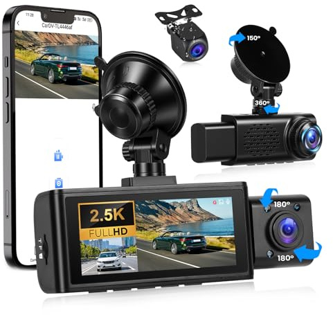 CAMECHO 3 Kanal Dashcam Auto, 2.5K Dash Cam Auto Kamera mit 3 Auto kameras, 3.16“ IPS Bildschirm Nachtsicht Dashcam, Dashcam für Autos mit GPS, G-Sensor, WiFi, Loop-Aufnahme