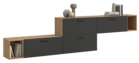 xonox.home – Wohnkombination The One 276x97x34 cm in Artisan Oak und Basalt – Breite TV-Wand mit 4 Klappen – 10 Fächer Sorgen für Ordnung & EIN rustikales Flair durch hochwertige Eichen-Nachbildung