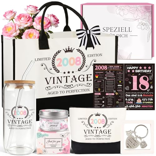 TUZELIYA 18 Geburtstag Mädchen - Vintage 2008 Geburtstagsgeschenk Set für Tochter,Freundin,Nichte,Schwester - 7tlg inkl. Canvas-Shopper, Kosmetiktasche, Trinkglas, Duftkerze, Schlüsselanhänger, Karte