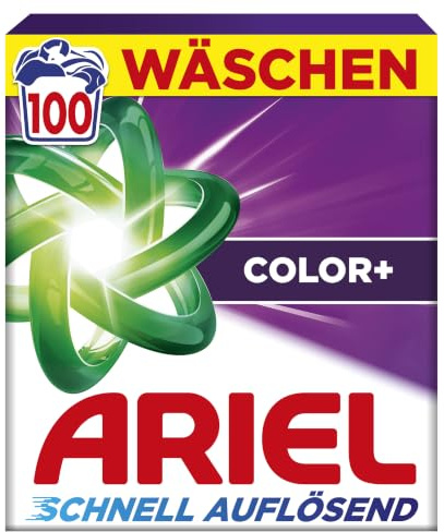 Ariel's schnell auflösendes Pulver Waschmittel Color+, 100, 100 Wäschen, Color+, Fleck-Weg-Power beim 1. Waschen, Sofortige Wirkung, selbst in kaltem Wasser