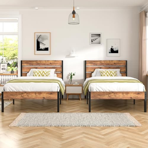 VECELO 2er-Set Bettgestelle 90x200 cm, Einzelbetten mit Holzkopfteil und Metall-Lattenrost, stabil und geräuschlos, mit 31 cm Stauraum, Industrial Design für Schlafzimmer, Braun