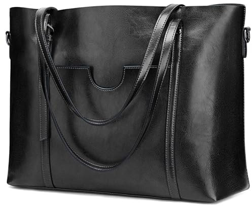 S-ZONE Damen 3-Way Schultertasche Vintage Echtleder Shopper Große Mode Laptop Arbeitstasche Umhängetasche Handtasche Messenger Bag, Schwarz, L
