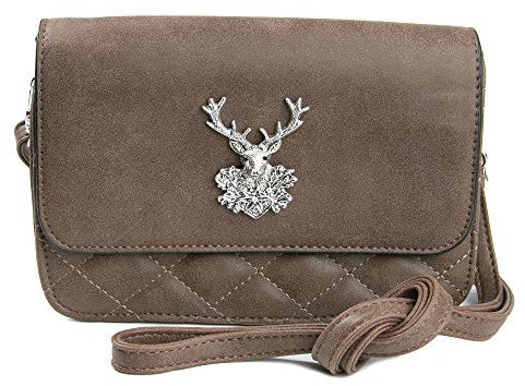 Enzianblau Trachten: Tasche in Wildleder-Optik mit Edelweißbrosche Glitzer, Trachtencluch, Oktoberfest Tasche zum Dirndl (braun)