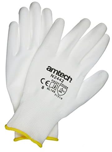 Amtech N2442 Light Duty PU Coated Work Gloves Medium (Size 8), Certified Quality for Craft, Assembly and Packing, White
