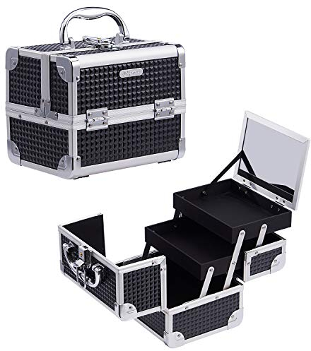 Joligrace Vanity Case Makeup Organiser Box Beauty Case Nail Polish Organiser Box Make Up Case with Mirror, 2 Trays, Lockable, Size: 19.5 x 15 x 16cm (Black)