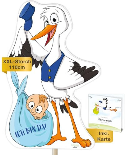 Storch Geburt für draußen I Baby Junge I XL 110 cm I wetterfest I Set: Klapperstorch + Stab aus Holz + Grusskarte I Babystorch als Geschenk I Willkommen zuhause Deko Geburtsstorch