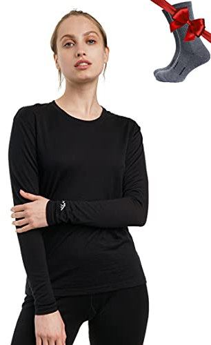 Merino.tech Merino Shirt Damen Langarm - Premium 100% Merino Unterwäsche Damen Langarmshirt, Sportunterhemden + Wollsocken (Medium, 165 Black)