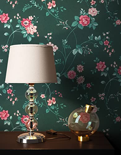 NEWROOM Tapete Grün Vliestapete Blumen - Blumentapete Landhaus Rosa Blüten Wiese Romantisch inkl. Tapezier-Ratgeber