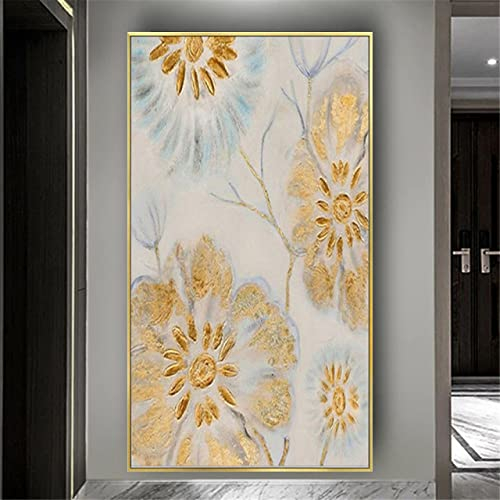 100 % handgemaltes abstraktes Ölgemälde auf Leinwand, Wandkunst, Gemälde, goldene Blumen, Goldfolie und goldene Blumen, horizontal, vertikal, Geldbäume, Bilder für Wohnzimmer, Dekoration, Kunst