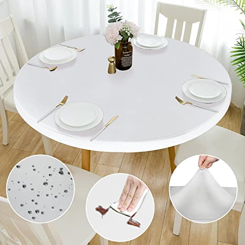 Rinpon Double Fitted Design PU Runde Fitted Tischdecke, Anti-Tear Wischbare Elastische Runde, Soft-Touch wasserdichte ölfeste Tischdecke (Weiß, 114cm-122cm Rund)