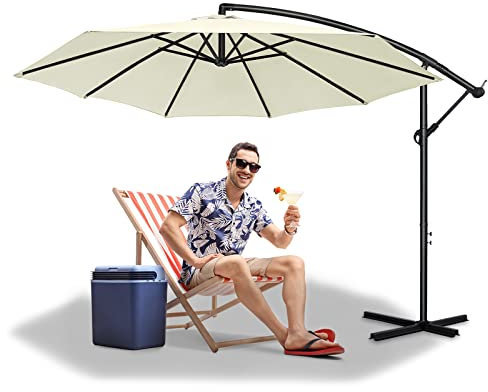 SAILUN Aluminium Sonnenschirm mit Solar LED Beleuchtung Wasserdicht Sonnenschirm mit Kurbelmechanismus Höhenverstellbar Balkonschirm Gartenschirm Marktschirm UV-Schutz 40+, beige, Ø350cm