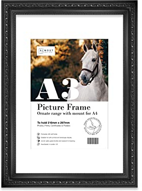 Almost Frameless A3 Black Ornate Picture Frame With White Mount for A4 (21 x 29.7cm -8.3 x 11.7in) Poster, Photo, Artwork, or Print. Opulent Style Portrait and Landscape Display with Wall Hooks