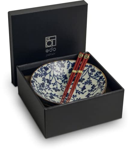 EDO JAPAN - Japanisches Schalen-Set - 2x Schüsseln, 2x Essstäbchen, Porzellan, Japanisch, Blau, 24,5cm Ø, 7,5cm H