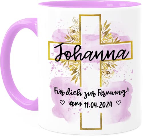 Tassenliebling® Firmung Tasse personalisiert mit Datum und Namen für Mädchen und Jungen - Rosa - Beidseitiger Druck - Christliche Geschenke zur Firmung