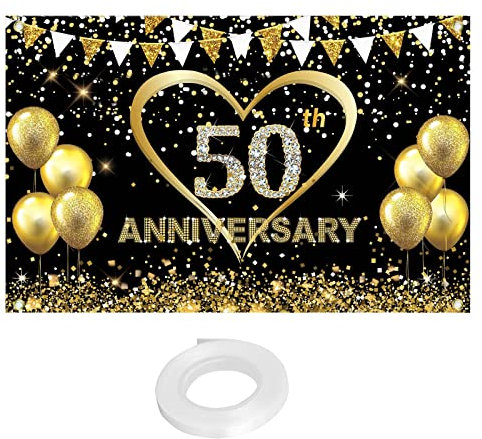 Honatrv Photocall Bodas de Oro 50 Aniversario, Pancartas para 50 Aniversario de Boda, Decoración de Fiesta de Oro Negro de 50 Aniversario, 180 x 115 cm