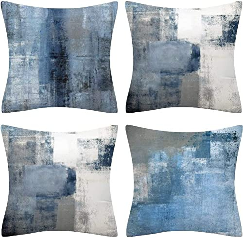 QUALKNOY Set of 4 Velvet Cushion Covers 45x45 cm Navy Blue Gray Abstract Art Modern Decorative Throw Pillow Cases 18x18 for Living Room Sofa Garden Outdoor Courtyard Home Decor Pillowcases