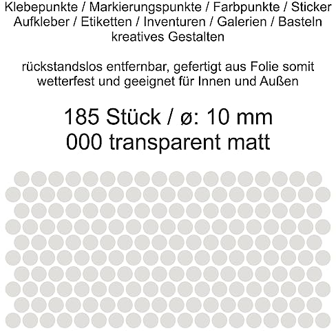Aufkleber Etiketten Klebepunkte aus Folie 185 Stück transparent durchsichtig matt rund 10 mm selbstklebend farbig wetterfest Markierungen Organisieren DIY basteln verzieren Modellbau Scrapbooking