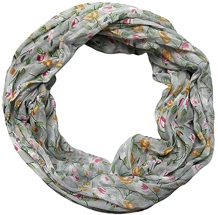 beybey® Damen Seide Loop Schal mit Blumenmuster - Wunderschön und Fein - Seidenschal - Schlauchschal (Grau)