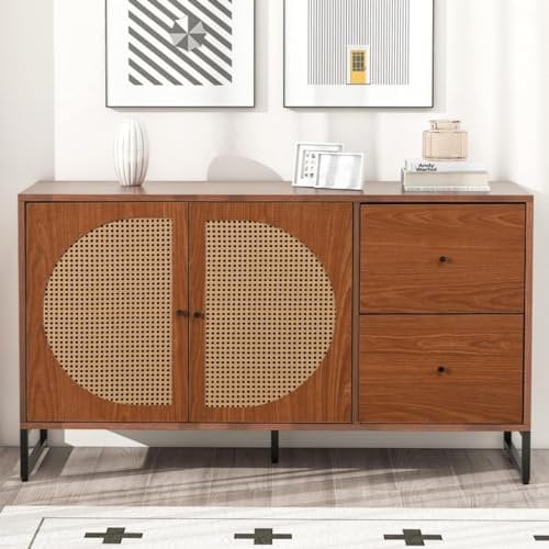 Sweiko Commode avec 2 portes en rotin et 2 tiroirs - Armoire de rangement multifonction avec pieds de table en métal - Armoire ménager pour chambre à coucher, salon, cuisine (130 x 40 cm, noyer)