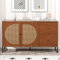 Sweiko Commode avec 2 portes en rotin et 2 tiroirs - Armoire de rangement multifonction avec pieds de table en métal - Armoire ménager pour chambre à coucher, salon, cuisine (130 x 40 cm, noyer)