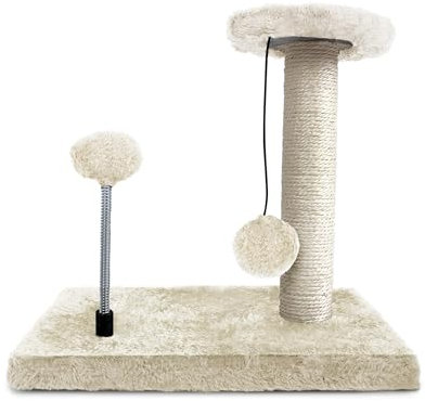 ​ TIENDA EURASIA - Árbol para Gato, con Poste Rascador de Sisal, Base Rectangular, 30x20x28cm, Color Crudo, Bola de Felpa Resorte y Bola Colgante, Juguete para Gatos