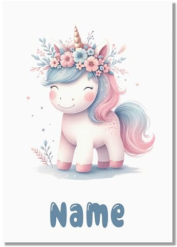 GRAZDesign Kinderzimmer Wandbild Einhorn mit Namen personalisiert - A4 Bilder Babyzimmer rosa Deko Mädchen