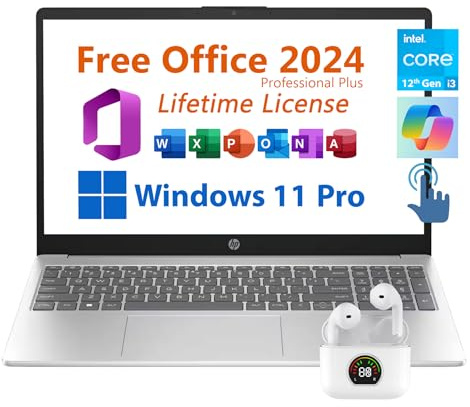HP Laptop empresarial de 15.6 pulgadas, Microsoft Office 2021 gratis con licencia de por vida, pantalla táctil HD, Intel 6-Core i3-1215U 4.4 GHz, 16 GB de RAM, SSD PCIe de 1 TB, batería de larga