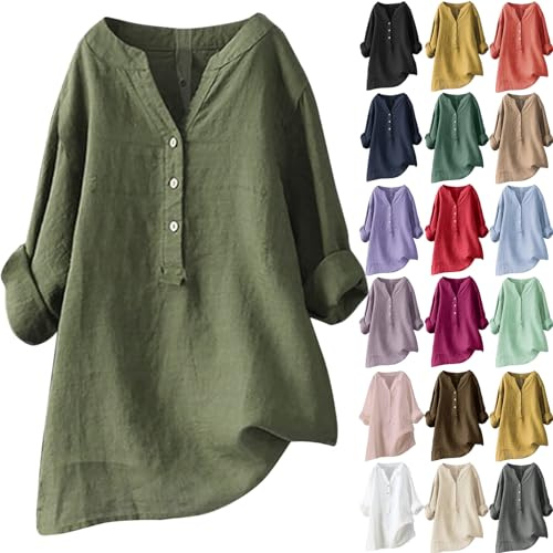 Chemisier Femme Chic et élégant, Chemise Lin Femme 2024 Printemps Eté Chic T-Shirt Manches Longues Col V Bouton Tshirt Couleur Unie Respirant Coton Lin Tunique Grande Taille Pas Cher Top