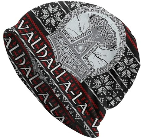 Wikinger Mjolnir Tattoo Schädel Bonnet Hut für Männer Frauen, Doppellagige Skimütze aus Stoff, Winter Warme Gestrickte Mützen(Color:Thor's Hammer Valhalla)
