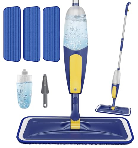 TRAV-ROUND Sprühmopp zum Reinigen von Böden, Mikrofaser Flacher Bodenwischer mit nachfüllbarer Flasche & 3 wiederverwendbaren waschbaren Pads, Staubbodenwischer mit Sprüher für Küche Hartholz Laminat