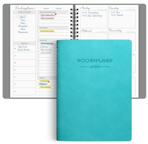 JAYSOO® Wochenplaner,undatierter Terminplaner, A5 Wochenkalender mit Einkaufsliste, To do list usw., 118 Seite 155x215mm Soft Cover Coil Wochenkalender für Arbeit, Lernen und Familienplan - Blaugrün