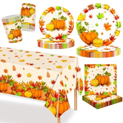 MORAINJAY Juego de vajilla de papel otoñal de 69 piezas, decoración de mesa con estampado de hojas de arce y calabaza otoñal con vasos de papel, platos de papel y servilletas, mantel para cosecha de