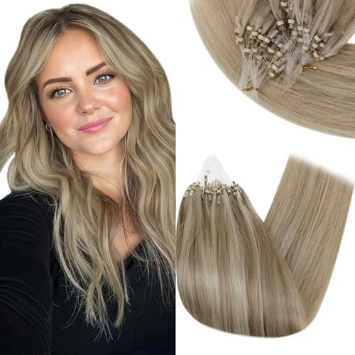 RUNATURE Extension Micro Ring Capelli Veri Biondo Mix Marrone Micro Beads Extension Capelli Naturali Biondo Micro Loop Hair Extensions Capello Umano 20 Pollice/50cm 50g #8P60