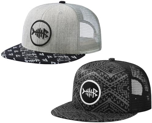 Bassdash 2 Pack Flache Krempe Trucker Cap Einstellbare Snapback Hut Mesh Zurück für Männer Frauen Angeln Jagd