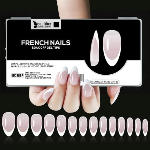 Beautilux Faux Ongles Medium Almond French Press on Ongles 280 Pièces 14 Tailles, Soak Off Faux Ongles Pose Americaine Pour Manucures à Domicile