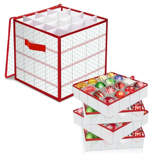 Robofun Aufbewahrungsbox für Weihnachtskugeln, Weihnachtskugeln Aufbewahrung mit Verstellbaren Trennwänden, 4 Ebenen, für 64 Kugeln, Seitliche Griffe, 34x34 x 34 cm